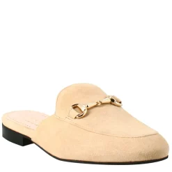 Sabot Da Donna In Pelle Scamosciata Beige Con Fibbia Oro