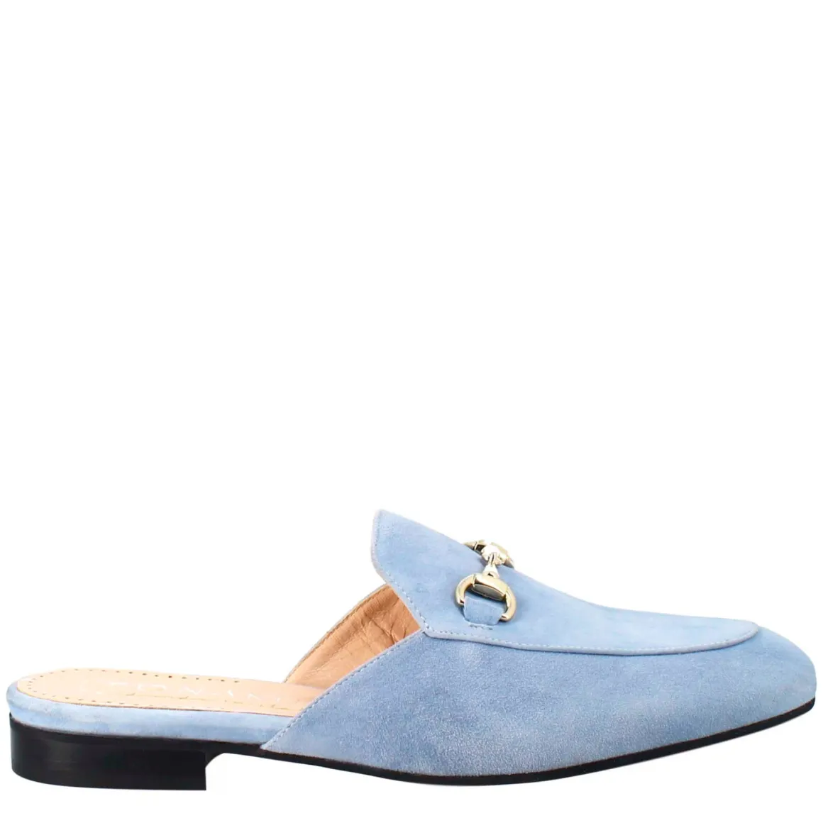 Sabot Da Donna In Pelle Scamosciata Celeste Con Fibbia Oro