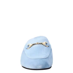 Sabot Da Donna In Pelle Scamosciata Celeste Con Fibbia Oro