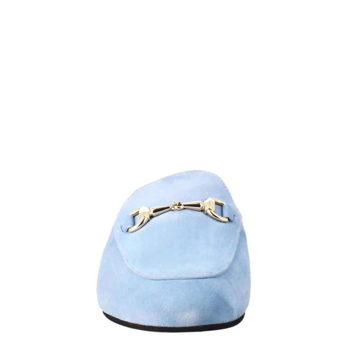 Sabot Da Donna In Pelle Scamosciata Celeste Con Fibbia Oro