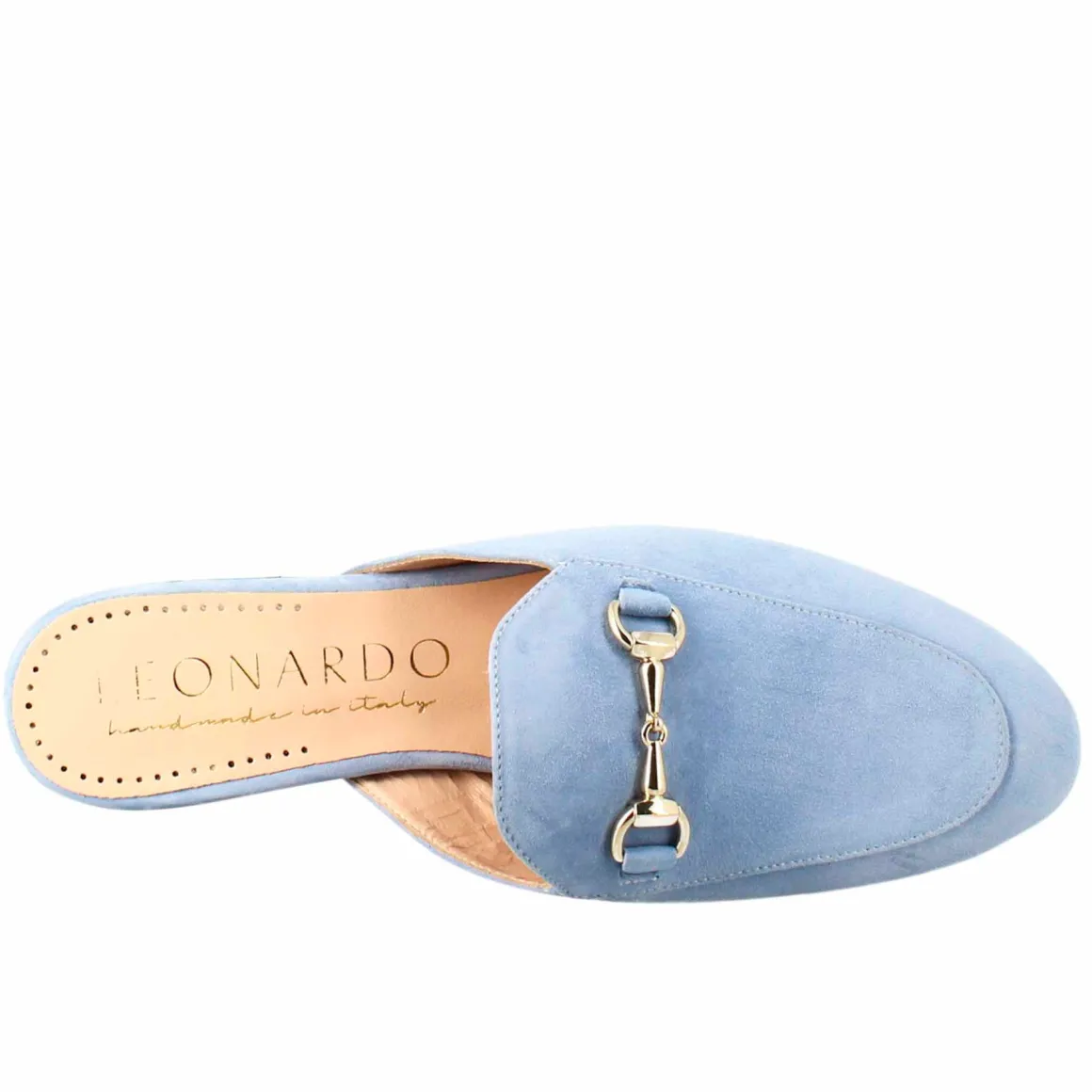 Sabot Da Donna In Pelle Scamosciata Celeste Con Fibbia Oro