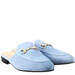 Sabot Da Donna In Pelle Scamosciata Celeste Con Fibbia Oro