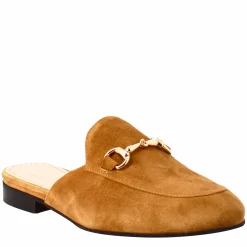 Sabot Da Donna In Pelle Scamosciata Marrone Chiaro Con Fibbia Oro