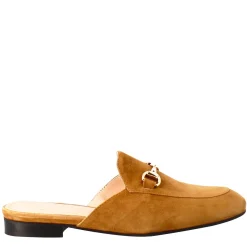 Sabot Da Donna In Pelle Scamosciata Marrone Chiaro Con Fibbia Oro