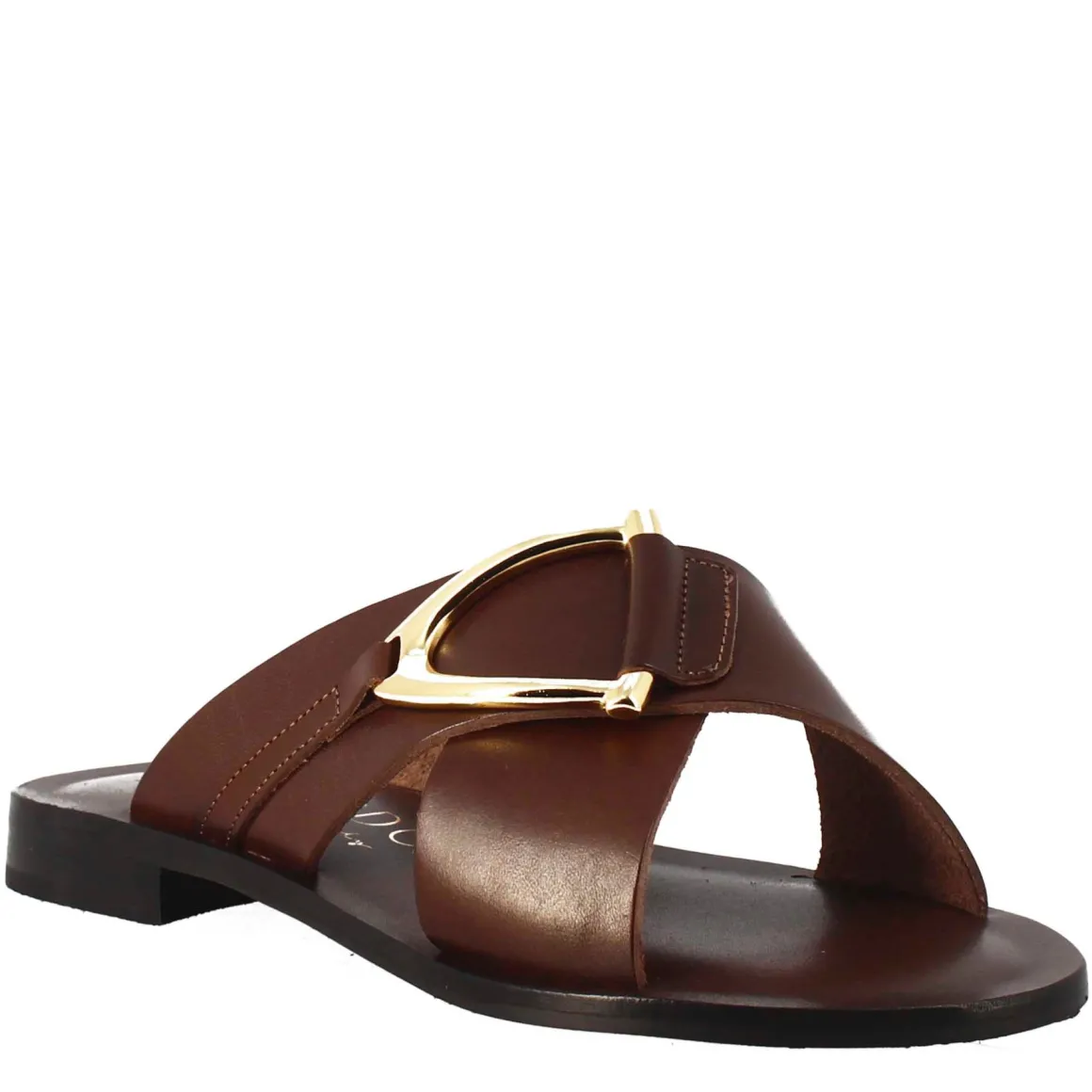 Sandali Bassi Ciabatta Da Donna Fatti A Mano In Pelle Color Cuoio Con Fibbia Dorata