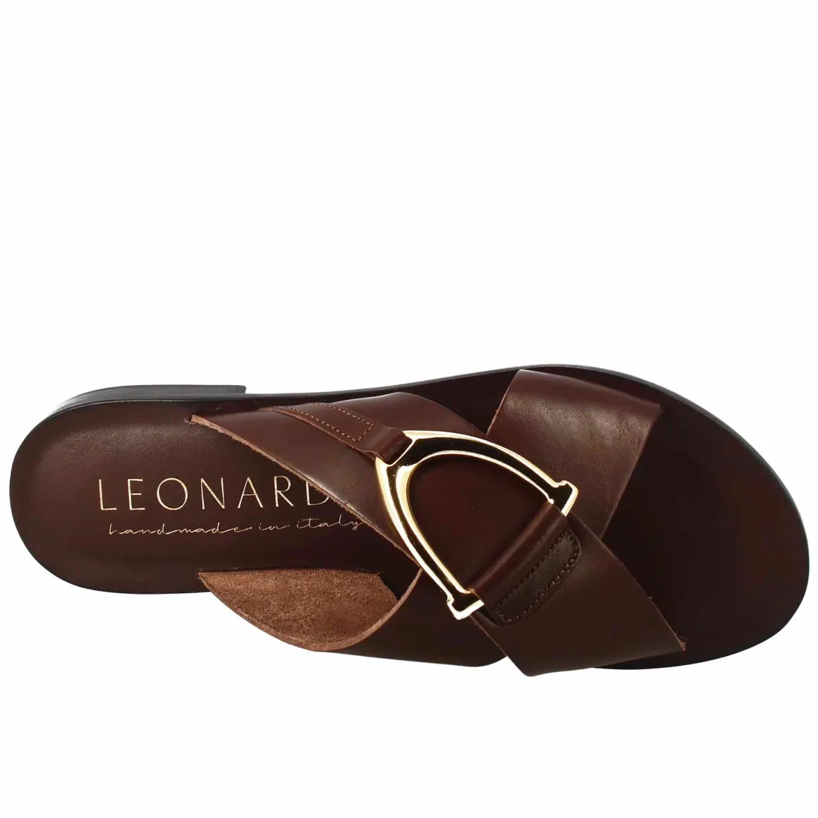 Sandali Bassi Ciabatta Da Donna Fatti A Mano In Pelle Color Cuoio Con Fibbia Dorata