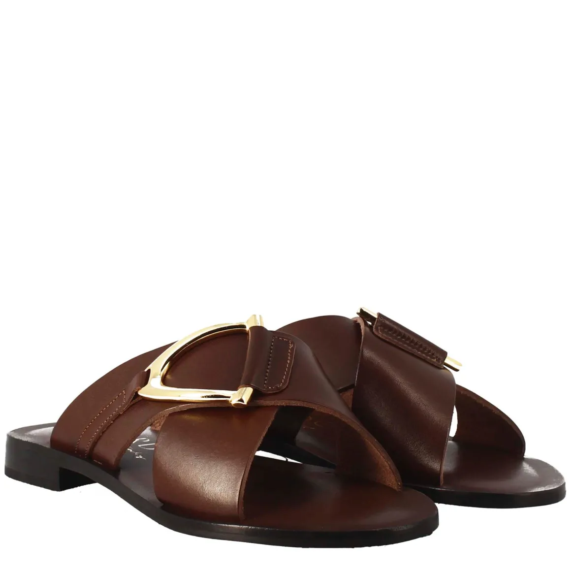 Sandali Bassi Ciabatta Da Donna Fatti A Mano In Pelle Color Cuoio Con Fibbia Dorata