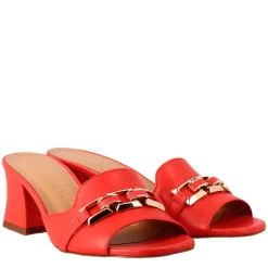 Sandalo Aperto Con Fibbia Da Donna In Pelle Colore Rosso