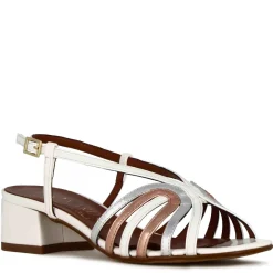 Sandalo Bianco Da Donna Con Fasce In Pelle Laminata Rame E Argento