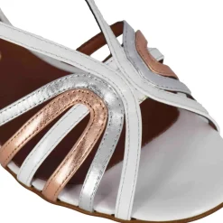 Sandalo Bianco Da Donna Con Fasce In Pelle Laminata Rame E Argento