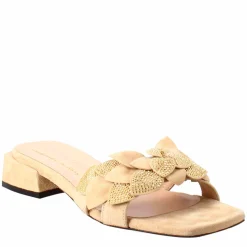 Sandalo Da Donna A Forma Squadrata In Pelle Scamosciata Beige Con Glitter
