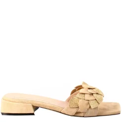 Sandalo Da Donna A Forma Squadrata In Pelle Scamosciata Beige Con Glitter