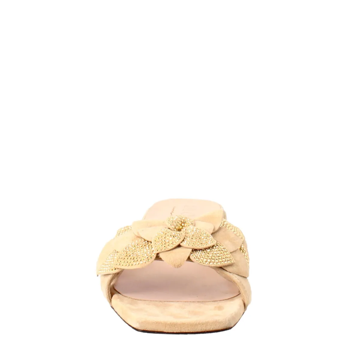 Sandalo Da Donna A Forma Squadrata In Pelle Scamosciata Beige Con Glitter