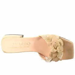 Sandalo Da Donna A Forma Squadrata In Pelle Scamosciata Beige Con Glitter