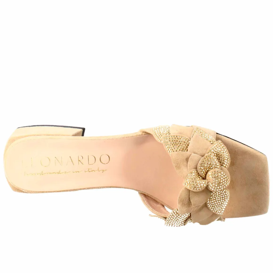 Sandalo Da Donna A Forma Squadrata In Pelle Scamosciata Beige Con Glitter