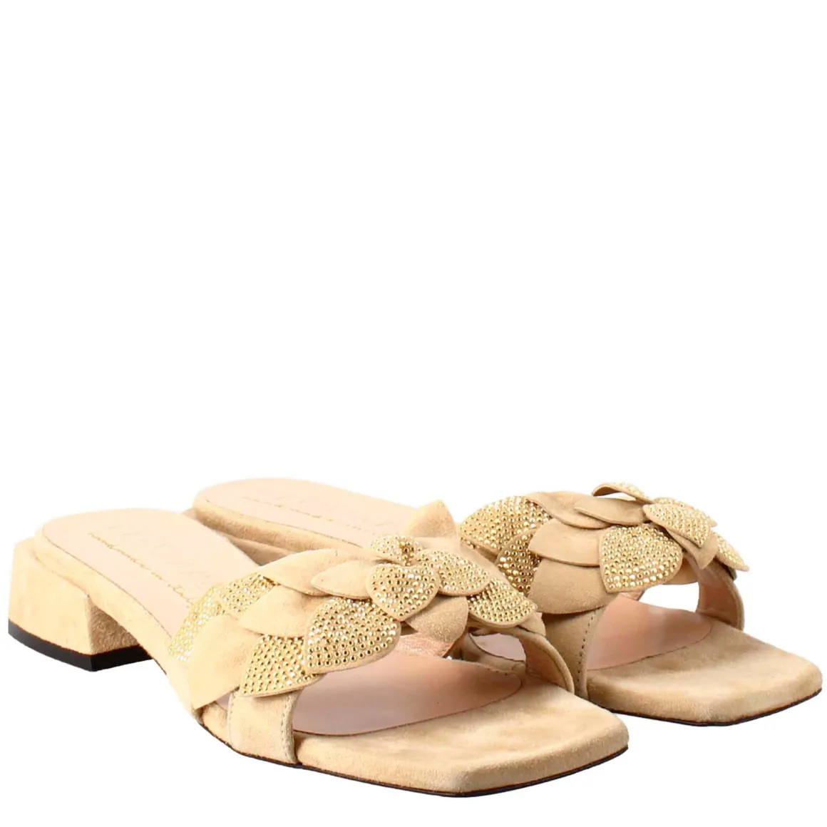Sandalo Da Donna A Forma Squadrata In Pelle Scamosciata Beige Con Glitter