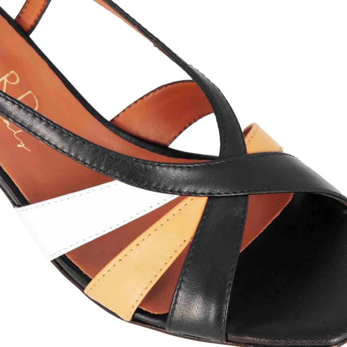 Sandalo Da Donna Classico In Pelle Nero Con Fasce Multicolore