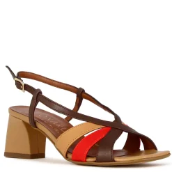 Sandalo Da Donna Classico In Pelle Colore Marrone Chiaro Con Fasce Multicolore