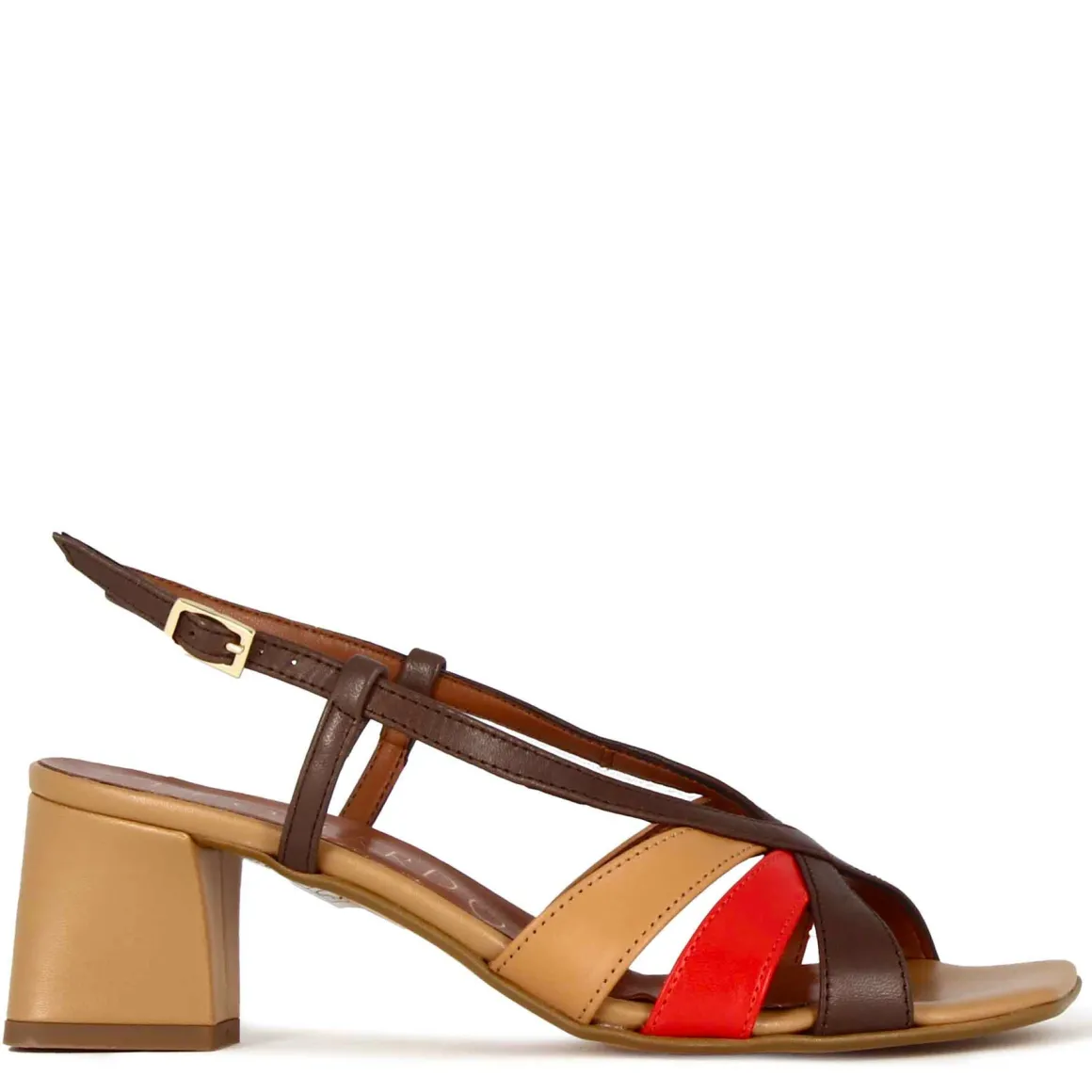 Sandalo Da Donna Classico In Pelle Colore Marrone Chiaro Con Fasce Multicolore