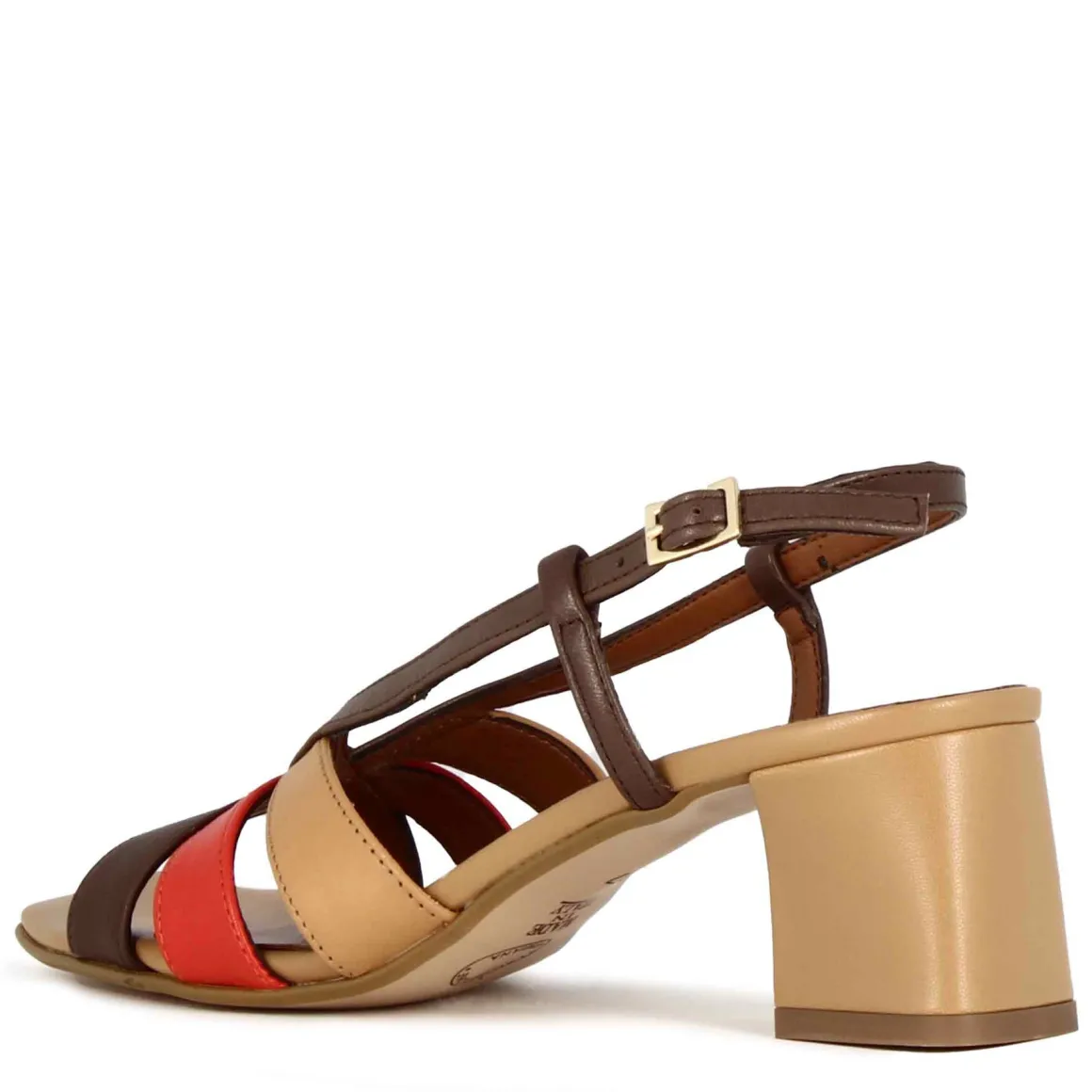 Sandalo Da Donna Classico In Pelle Colore Marrone Chiaro Con Fasce Multicolore