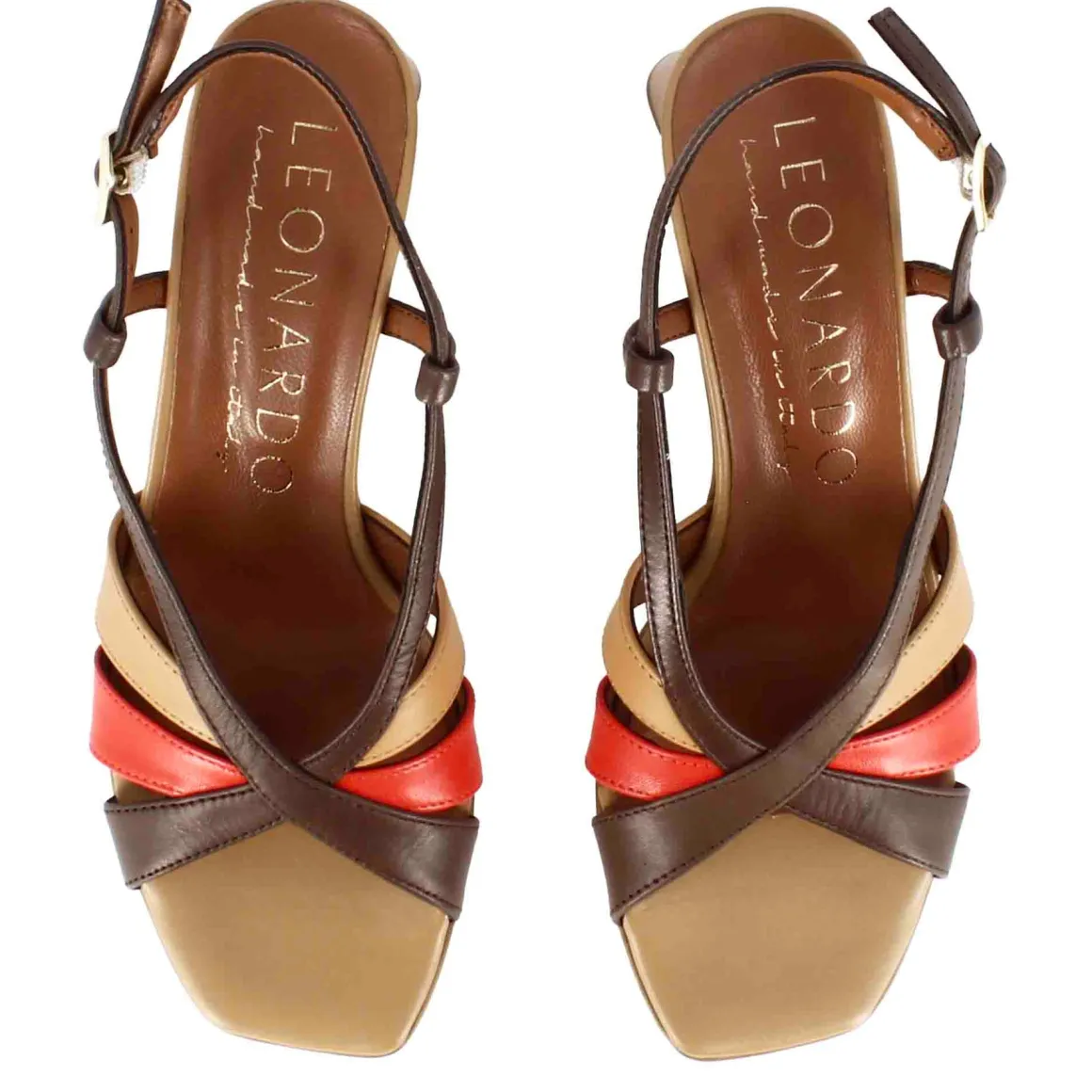 Sandalo Da Donna Classico In Pelle Colore Marrone Chiaro Con Fasce Multicolore