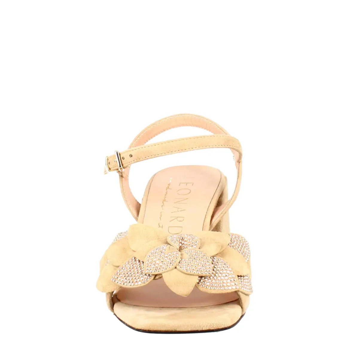 Sandalo Da Donna In Pelle Scamosciata Beige Con Glitter Applicati