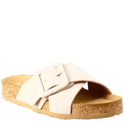 Sandalo Doppia Fascia E Fibbia Da Donna In Pelle Scamosciata Beige