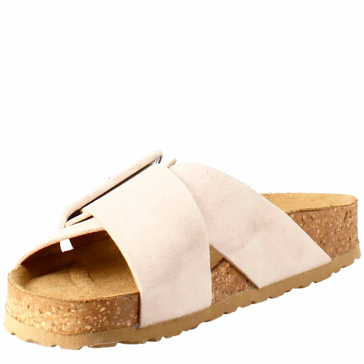 Sandalo Doppia Fascia E Fibbia Da Donna In Pelle Scamosciata Beige