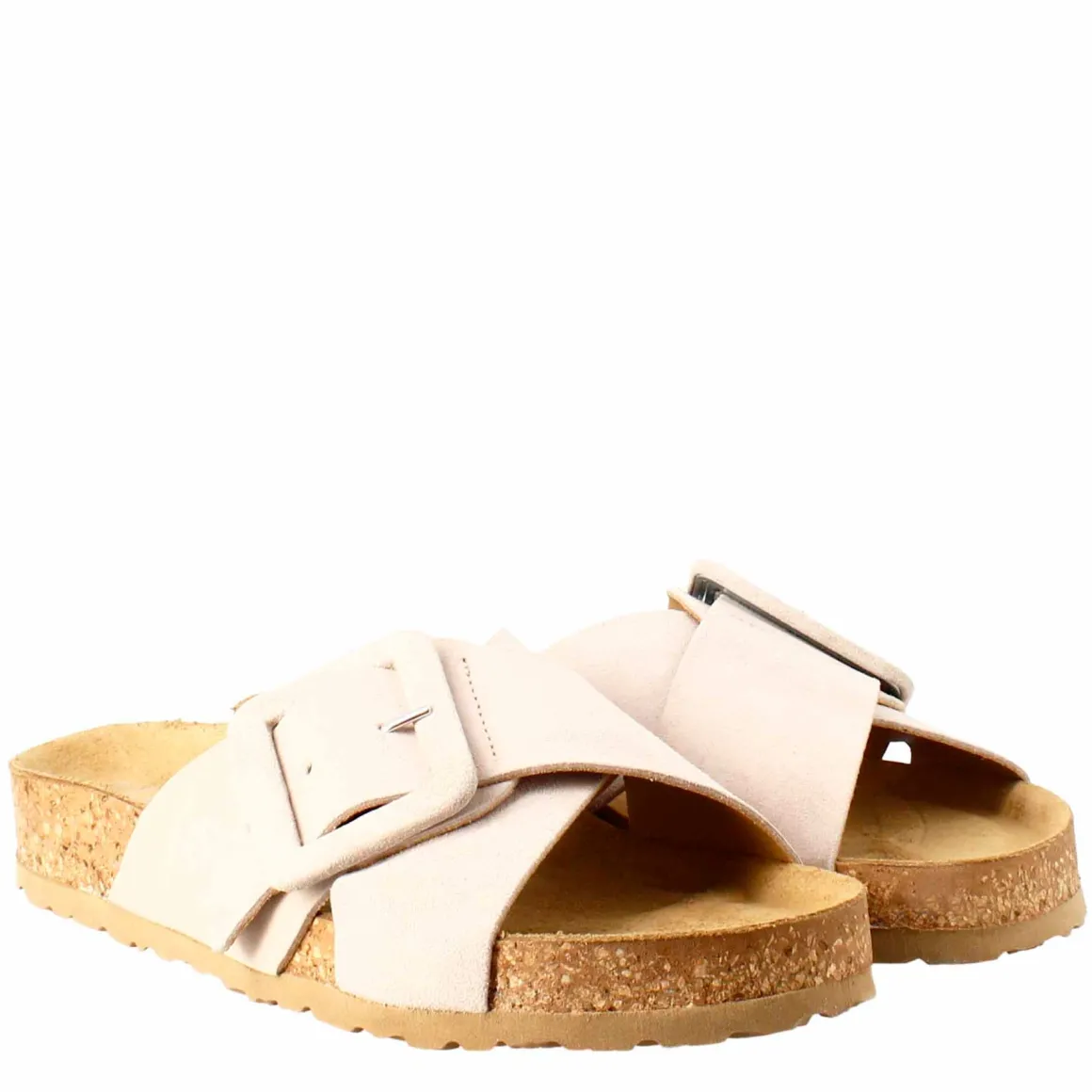 Sandalo Doppia Fascia E Fibbia Da Donna In Pelle Scamosciata Beige