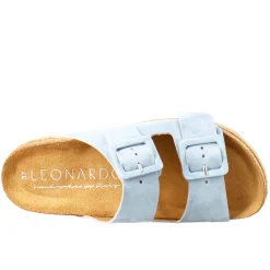 Sandalo Doppia Fibbia Da Donna In Pelle Scamosciata Celeste