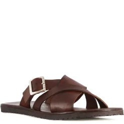 Sandalo Slider A Due Fasce Con Fibbia Da Uomo In Pelle Colore Marrone