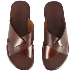 Sandalo Slider Con Fasce Incrociate Da Uomo In Pelle Colore Marrone