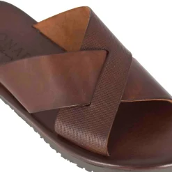 Sandalo Slider Con Fasce Incrociate Da Uomo In Pelle Colore Marrone