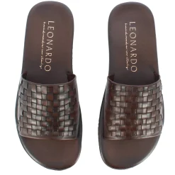Sandalo Slider Da Uomo Con Fascia In Pelle Intrecciata Colore Marrone