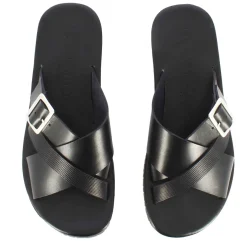 Sandalo Slider Da Uomo In Pelle Colore Nero Con Fibbia