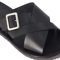 Sandalo Slider Da Uomo In Pelle Colore Nero Con Fibbia