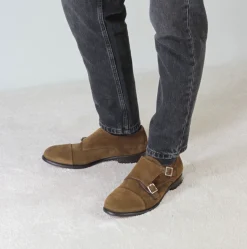 Scarpa Doppia Fibbia Da Uomo In Pelle Scamosciata Colore Marrone Chiaro