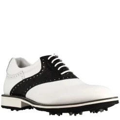 Scarpa Golf Artigianale Da Uomo In Pelle Colore Bianco Con Dettagli In Pelle Colore Nero