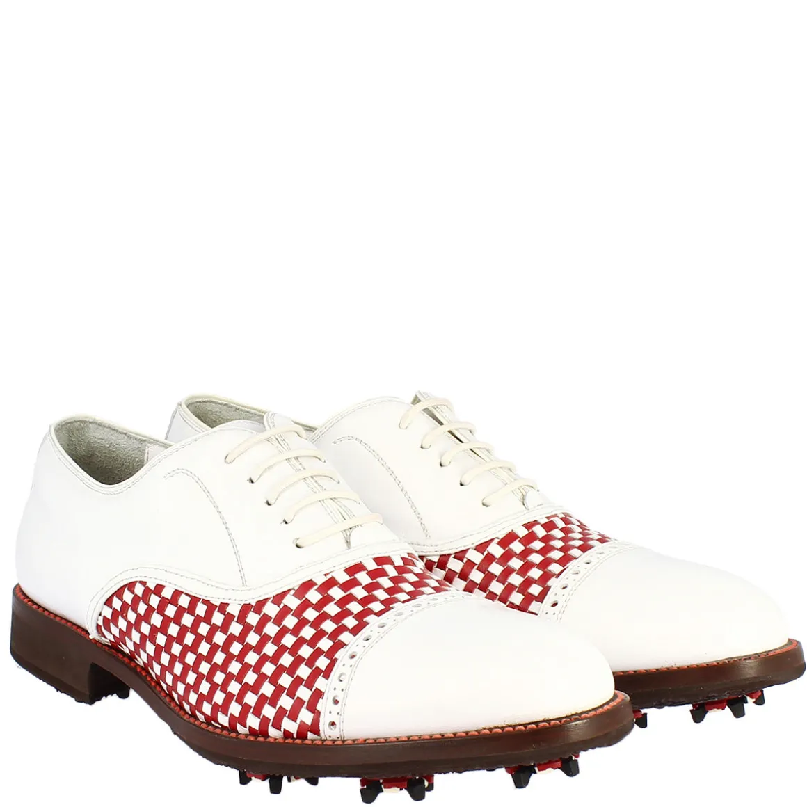 Scarpe Classiche Da Golf Donna Artigianali In Pelle Bianca Rossa
