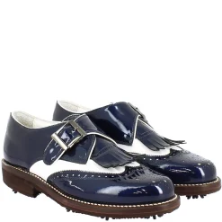 Scarpe Con Fibbia Da Golf Uomo In Pelle Bianca E Vernice Blu