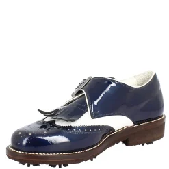 Scarpe Con Fibbia Da Golf Donna In Pelle Bianca E Vernice Blu