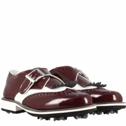 Scarpe Con Fibbia Da Golf Donna In Pelle Bianca E Vernice Bordeaux
