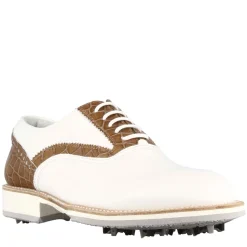 Scarpe Da Golf Artigianali Da Donna In Pelle Bianca Con Dettagli In Colore Marrone Chiaro.