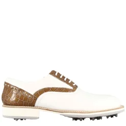 Scarpe Da Golf Artigianali Da Donna In Pelle Bianca Con Dettagli In Colore Marrone Chiaro.