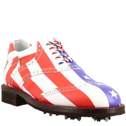 Scarpe Da Golf Da Uomo Blu Rosso E Bianco Dettagli Brogue Artigianali In Pelle