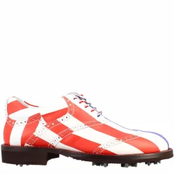 Scarpe Da Golf Da Uomo Blu Rosso E Bianco Dettagli Brogue Artigianali In Pelle
