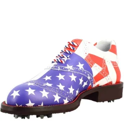 Scarpe Da Golf Da Uomo Blu Rosso E Bianco Dettagli Brogue Artigianali In Pelle