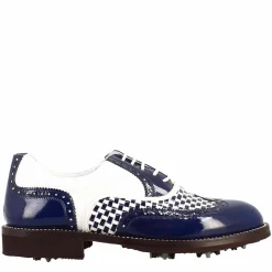 Scarpe Da Golf Da Uomo Colore Blu E Bianco Dettagli Brogue Artigianali In Pelle
