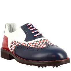 Scarpe Da Golf Da Uomo Colore Blu E Rosso Dettagli Brogue Artigianali In Pelle