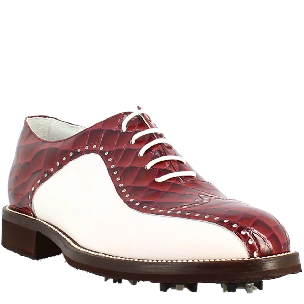 Scarpe Da Golf Da Uomo Colore Bianco E Bordeaux Cocco Artigianali In Pelle